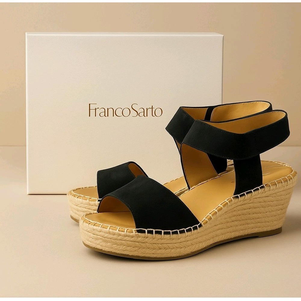 Franco Sarto Black Suede Espadrille Wedge Sandals Women's 8.5M – With Box EUC!